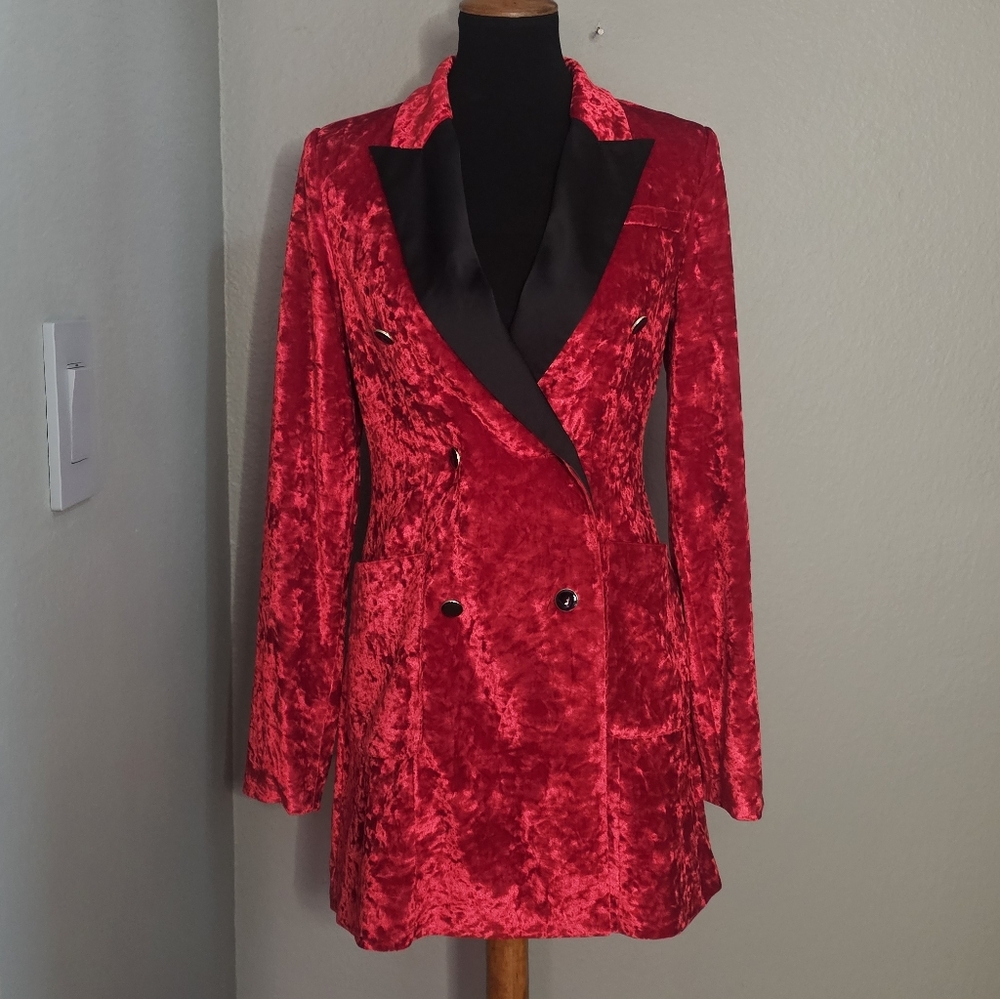 Adelyn Rae Red Velvet Blazer Dress with Black Lapel Medium Large